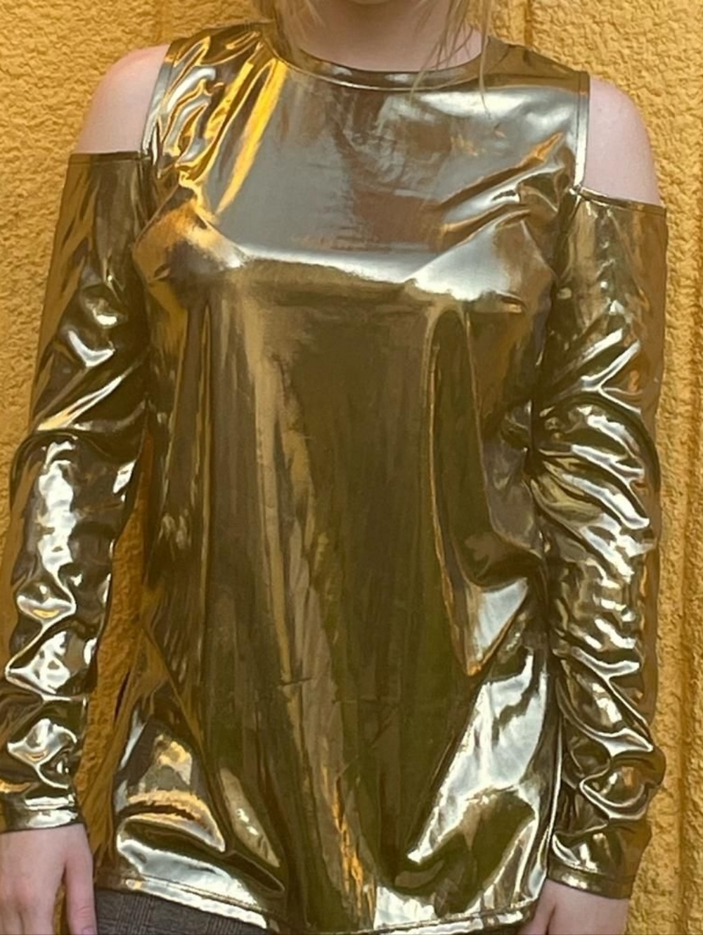 Michael Kors Metallic Gold Cold-Shoulder Long Sleeve Top